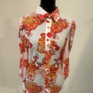 Floral Button-Down Blouse – Red, Orange & Pink | Size S